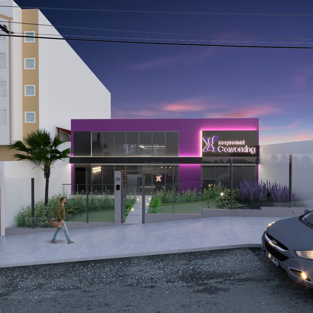 A fachada do xequemat Coworking ao entardecer: prédio de dois andares com faixa roxa iluminada, letreiro em neon com o nome, fechada de vidro, jardim na frente e uma pessoa passando na calçada